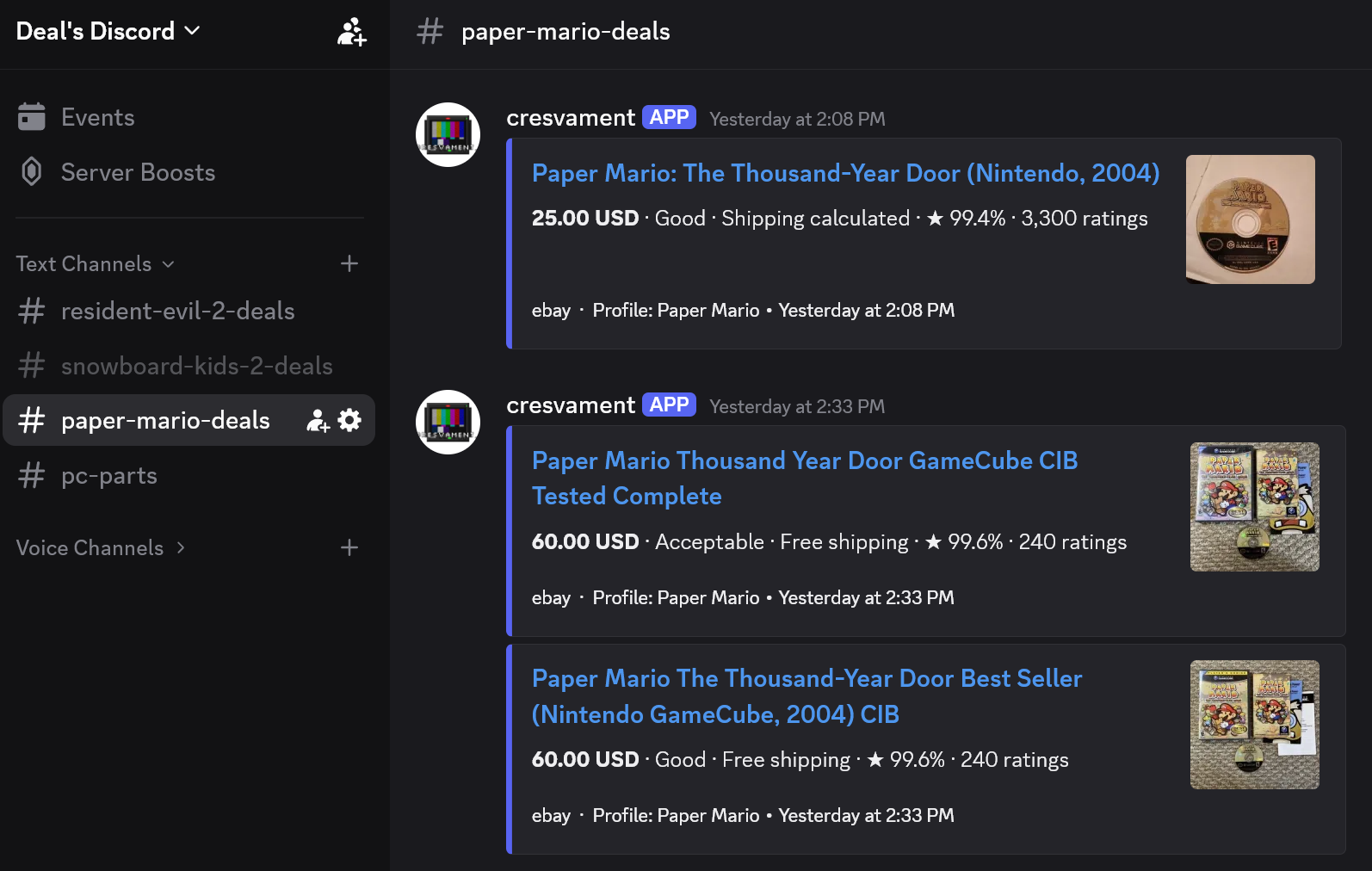 CresvaMent Discord notifications showing real-time eBay alerts for video game and PC parts listings, each with photo, price, condition, and Buy It Now link.