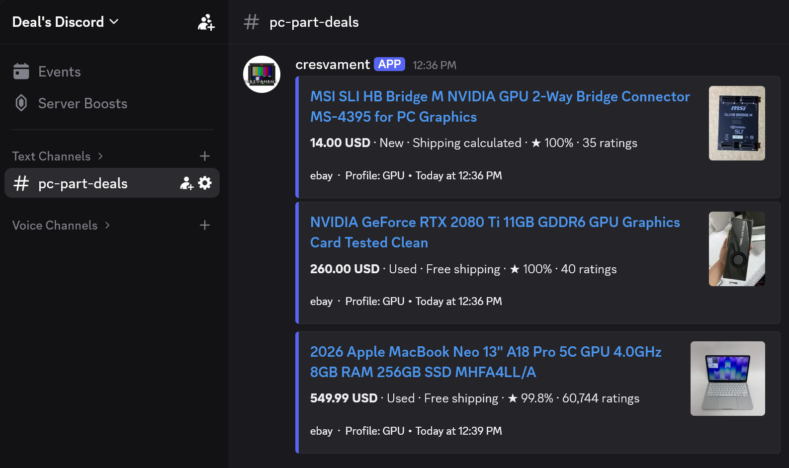 CresvaMent Discord notifications showing real-time eBay alerts for PC parts listings including an NVIDIA RTX 2080 Ti graphics card — photos, prices, conditions, and Buy It Now links.