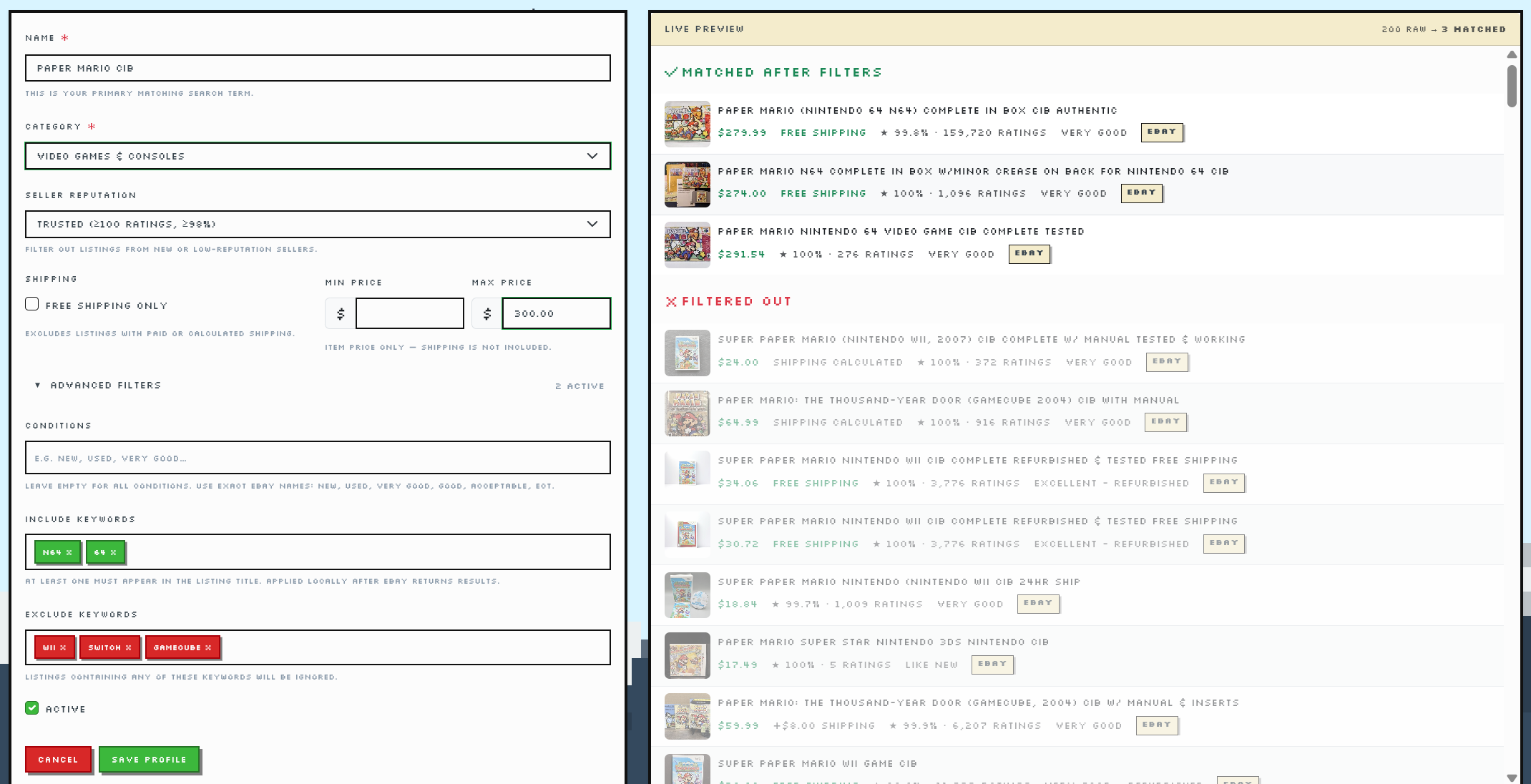 CresvaMent profile builder showing live eBay filter results — 200 raw listings filtered to 3 matched results for a Paper Mario CIB search with include and exclude keywords.